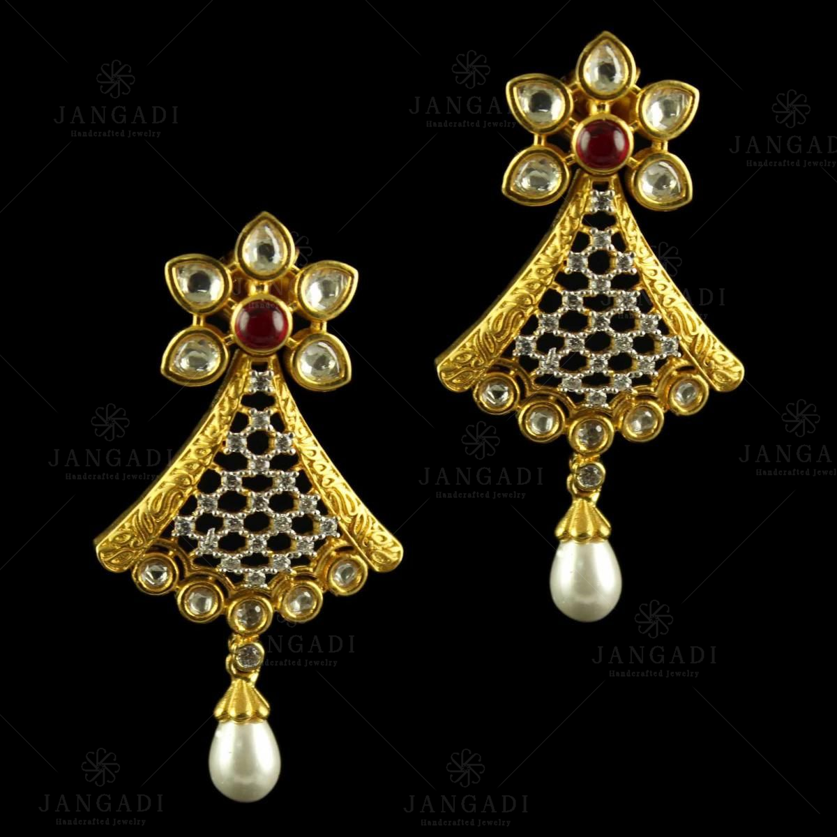 Pair Of Fancy Designer Golden Earrings Jewelry Latest Traditional Design  For Woman Fashion On Red Background Stock Photo - Download Image Now -  iStock