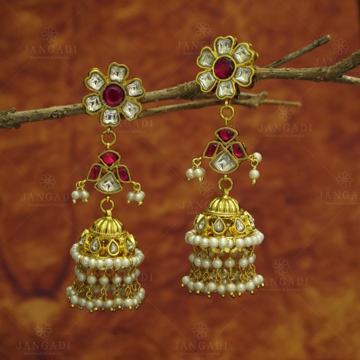 White pearl and pink stone gold plated earrings – Jhillmill Fashion  Jewellery