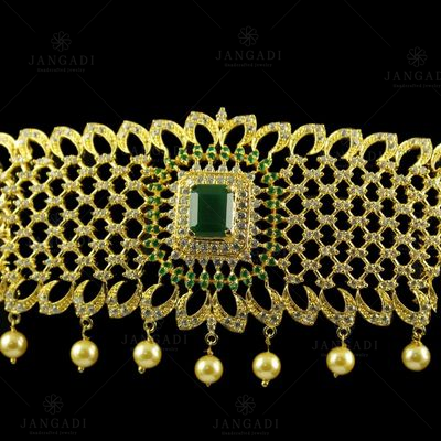 Silver Gold Plate Fancy Design Oddiyanam Studded Zircon Stones And Green Onyx