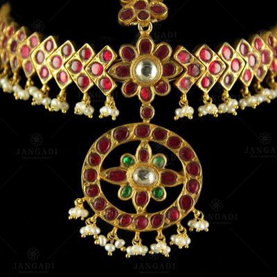 Silver Gold Plated Bharatham Tikka Studded Red Onyx And Pearl