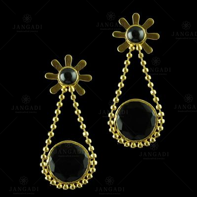 Gold Plated Earrings Drops Black Onyx Stones