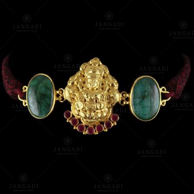 Gold Plated God Design Vanki Bajuband Green Hatipara And Red Onyx Stones
