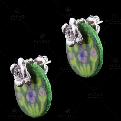Silver Green Pottery Casual Earrings
