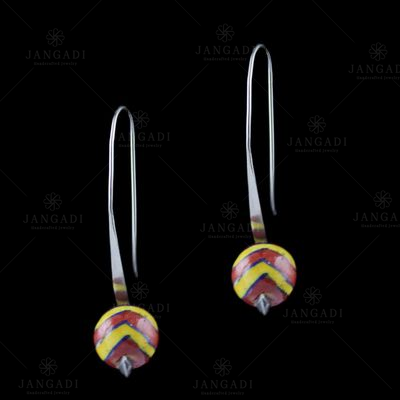 Silver Yellow And Red Pottery Hanging Earrings