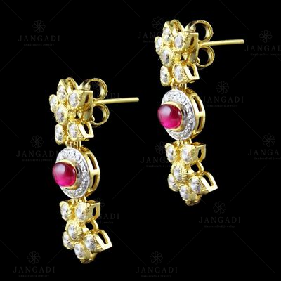 Gold Plated Floral Swarovski And  Corondum Stone Earrings