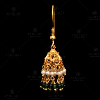 GOLD PLATED TURQUOISE AND PEARL BEAD HANGING JHUMKAS