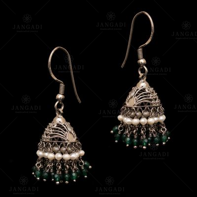 OXIDIZED SILVER GREEN HYDRO AND  PEARL BEAD HANGING JHUMKAS