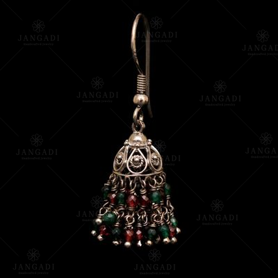 OXIDIZED SILVER GARNET AND GREEN HYDRO BEAD HANGING JHUMKAS