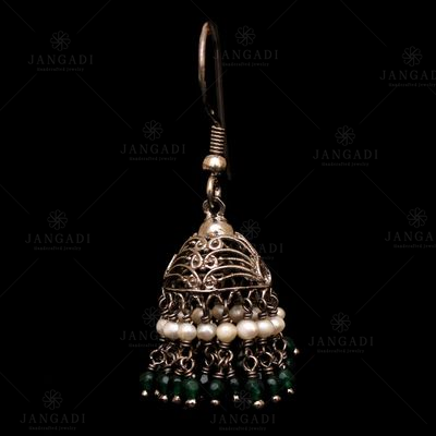 OXIDIZED SILVER GREEN HYDRO AND PEARL HANGING JHUMKAS