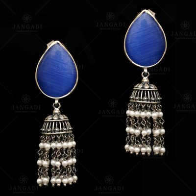 OXIDIZED SILVER MONALISA  STONES AND BEADS JHUMKAS EARRING