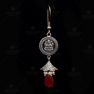 OXIDIZED SILVER LAKSHMI COIN HANGING JHUMKAS WITH PEARL AND RED CORUNDUM
