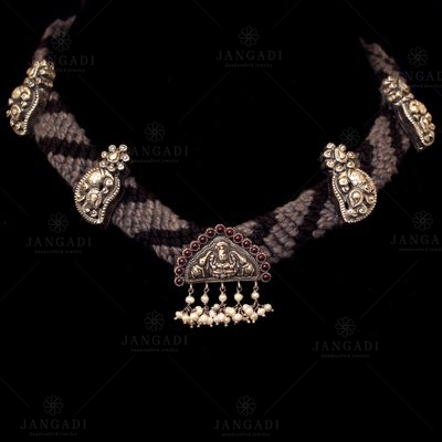 OXIDIZED SILVER NAKASH THREAD NECKLACE WITH RED CORUNDUM AND PEARL BEADS