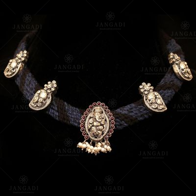 OXIDIZED SILVER NAKASH THREAD NECKLACE WITH RED CORUNDUM AND PEARL BEADS