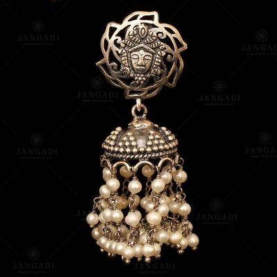 OXIDIZED SILVER JHUMKAS WITH PEARL BEADS