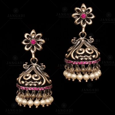 OXIDIZED SILVER JHUMKAS WITH RED CORUNDUM AND PEARL BEADS