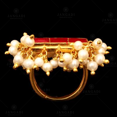 GOLD PLATED ENAMEL RING WITH PEARL BEADS