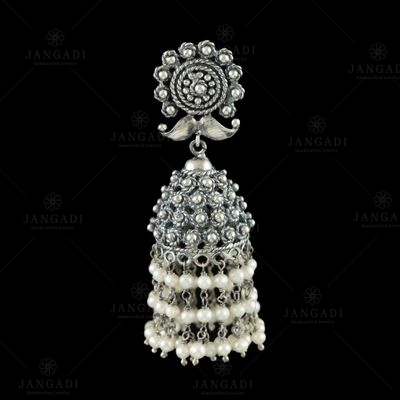 OXIDIZED SILVER JHUMKA WITH PERALS BEADS
