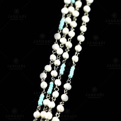 OXIDIZED SILVER TURQUOISE AND PEARL BEADS NECKLACE