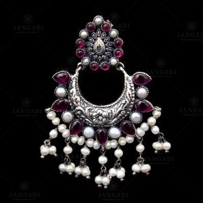 OXIDIZED SILVER RED CORUNDUM WITH PEARL BEADS EARRINGS