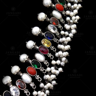OXIDIZED SILVER NAVARATNA AND PEARL BEADS NECKLACES