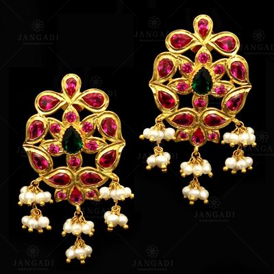 GOLD PLATED RED CZ AND PEARL BEADS EARRINGS