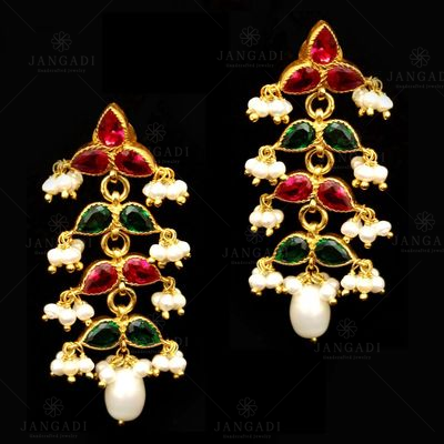 GOLD PLATED CZ AND PEARL BEADS EARRINGS