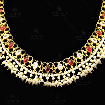 GOLD PLATED RED CORUNDUM AND PEARL BEADS NECKLACE