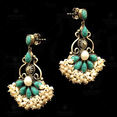 OXIDIZED SILVER TURQUOISE AND PEARL BEADS EARRINGS