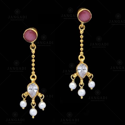 GOLD PLATED MONALISA AND CZ WITH PEARL BEADS EARRINGS