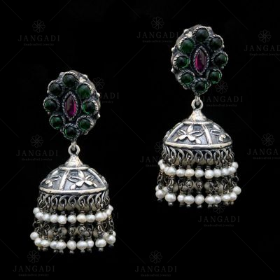 OXIDIZED SILVER RED MARQUISE AND PEARL BEADS JHUMKAS