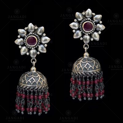 OXIDIZED SILVER RED HYDRO JHUMKAS EARRINGS