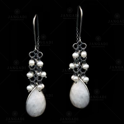 STERLING SILVER MOON STONE PEAR AND PEARL BEADS EARRINGS