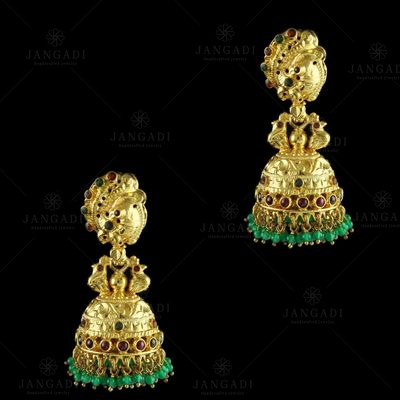 GOLD PLATED RED AND GREEN HYDRO BEADS JHUMKAS