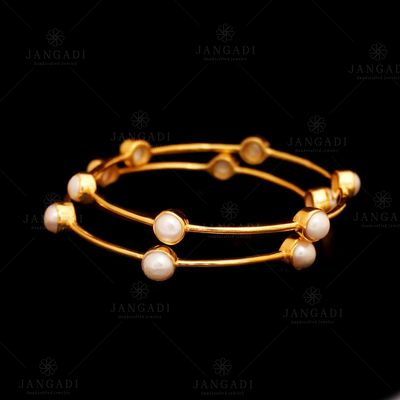 GOLD PLATED PEARL BEAD PAIR BANGLES
