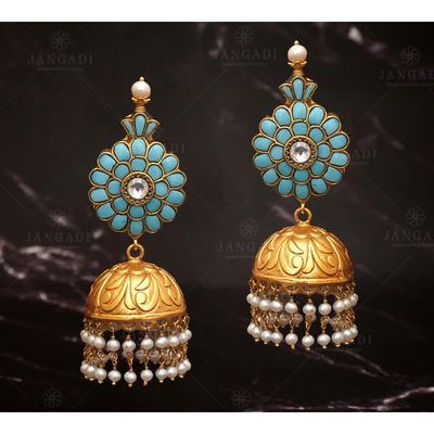 GOLD PLATED FLORAL KUNDAN JHUMKA EARRINGS WITH PEARLS