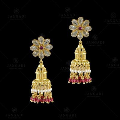 GOLD PLATED JHUMKA WITH CZ PEARL AND RED HYDRO BEADS