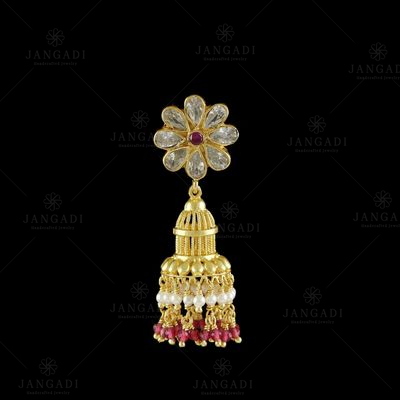 GOLD PLATED JHUMKA WITH CZ PEARL AND RED HYDRO BEADS