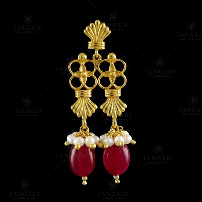 GOLD PLATED PEARL AND RED HYDRO EARRINGS
