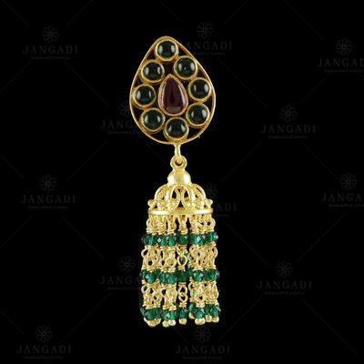 GOLD PLATED JHUMKA WITH GREEN AND RED HYDRO BEADS