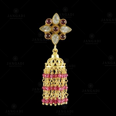 GOLD PLATED JHUMKA WITH CZ PINK AND RED HYDRO BEADS