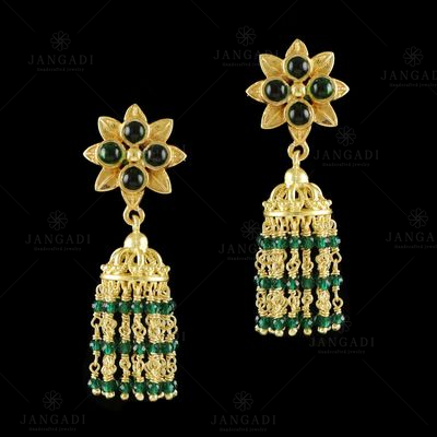 GOLD PLATED JHUMKA WITH GREEN HYDRO BEADS