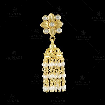 GOLD PLATED JHUMKA WITH CZ AND PEARL BEADS