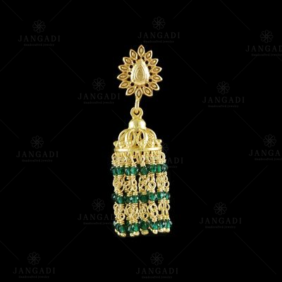 GOLD PLATED JHUMKA WITH GEEN HYDRO BEADS