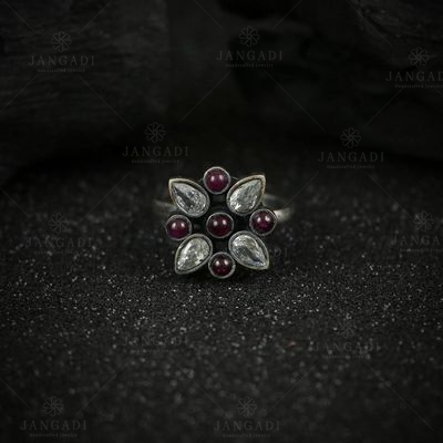 OXIDIZED SILVER RING WITH CZ AND RED HYDRO STONES