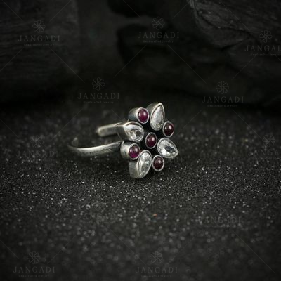 OXIDIZED SILVER RING WITH CZ AND RED HYDRO STONES
