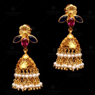 GOLD PLATED  RED HYDRO AND PEARL DROPS JHUMKA EARRINGS
