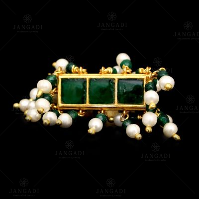 GOLD PLATED KUNDAN CHAND WITH PEARLS AND GREEN HYDRO RINGS