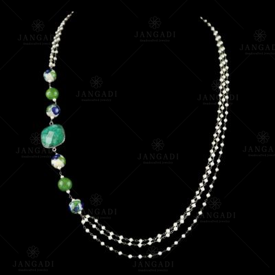 PEARL AATHI BUNCH NECKLACE WITH HATHIPARA STONE AND BLUE POTTERY BEADS