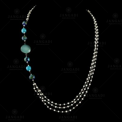 PEARL AATHI BUNCH NECKLACE WITH BLUE CHALCEDONY STONE AND BLUE POTTERY BEADS