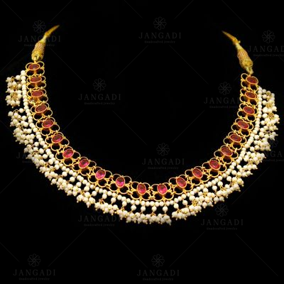 GOLD PLATED RED CORUNDUM AND PEARL BEADS NECKLACE